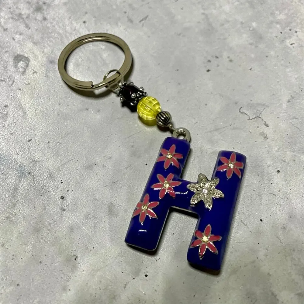 Letter H Keychain Purple Enamel Rhinestone Floral Beaded 5”